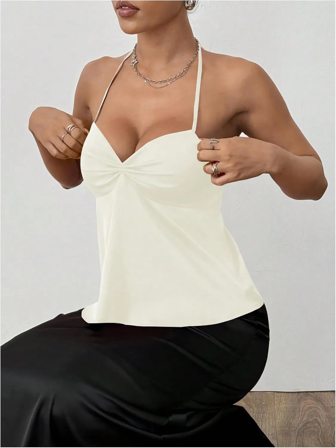 Milumia Women Twist Front Backless Halter Top Spaghetti Strap Peplum Camisoles