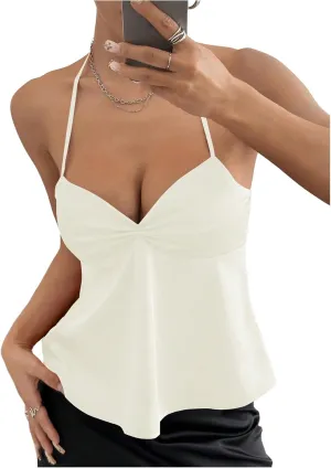 Milumia Women Twist Front Backless Halter Top Spaghetti Strap Peplum Camisoles