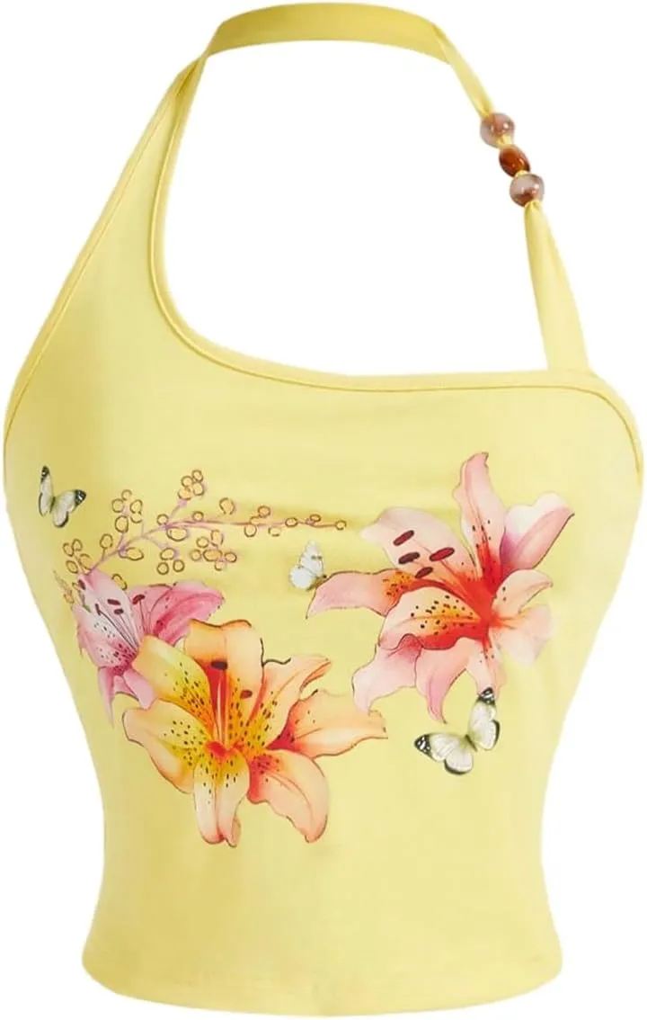 Milumia Women's Beaded Floral Backless Halter Top Asymmetrical Sleeveless Y2k Tops