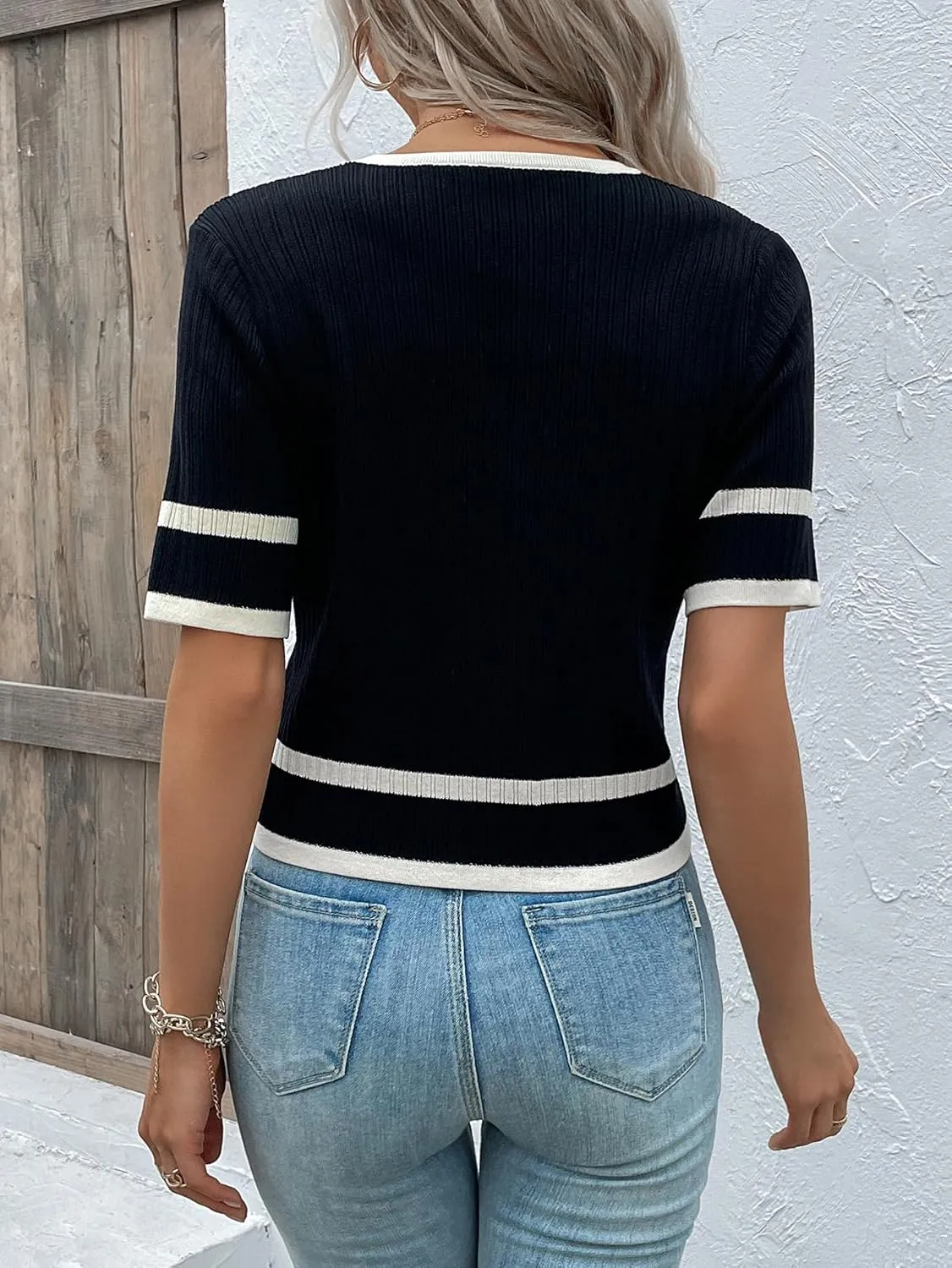Milumia Women's Striped Button Up Cropped Short Sleeve Knit Tops