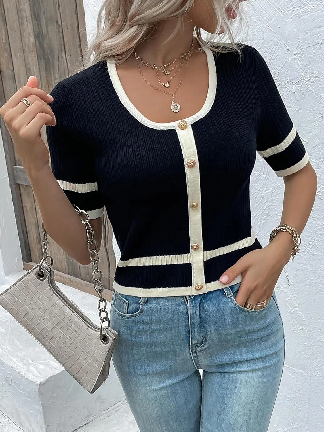 Milumia Women's Striped Button Up Cropped Short Sleeve Knit Tops
