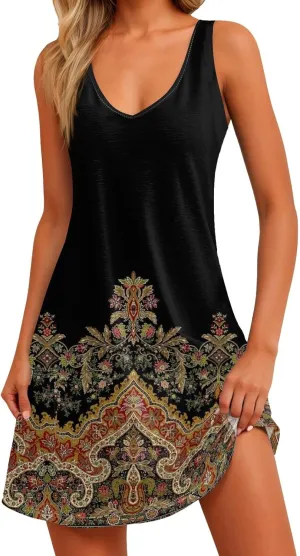 Mini Dresses for Women V Neck Floral Print Tank Dresses Sleeveless Sundresses Swing Beach Dress Beach Cover Ups