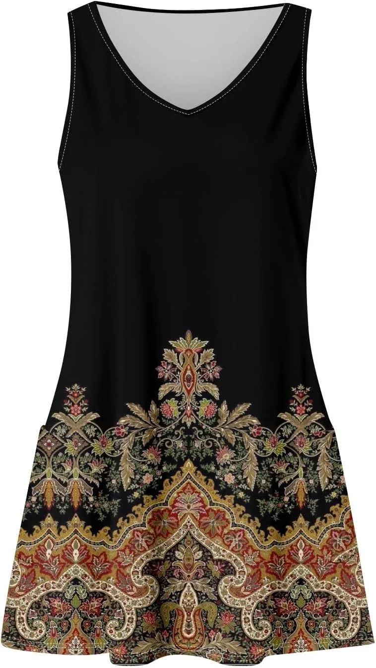 Mini Dresses for Women V Neck Floral Print Tank Dresses Sleeveless Sundresses Swing Beach Dress Beach Cover Ups