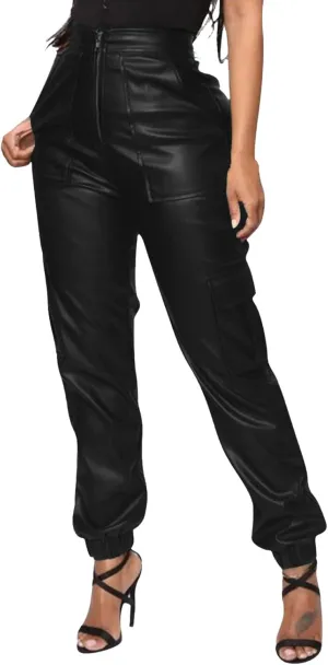Miyaomn Womens Stretch Faux Leather Pants High Waisted Cuffed Ankle PU Leather Trousers Baggy Jogger Cargo Pants with Pockets