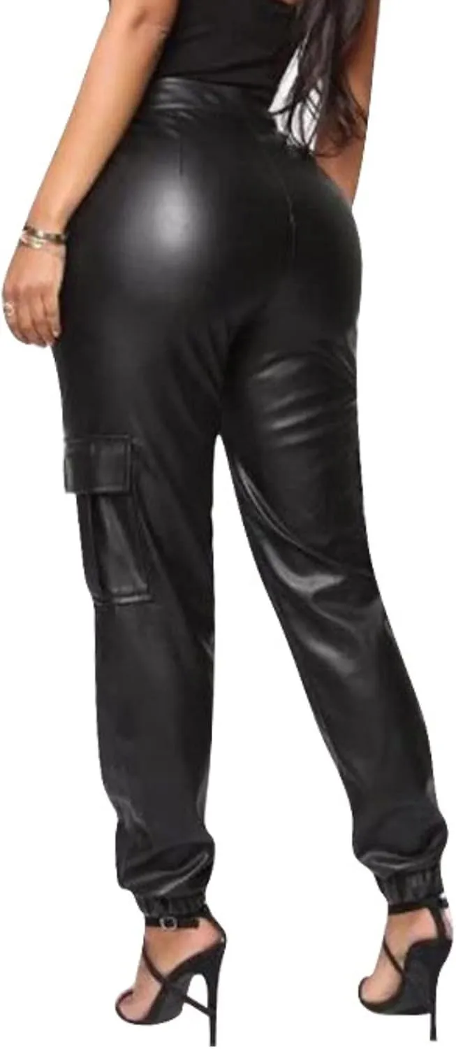Miyaomn Womens Stretch Faux Leather Pants High Waisted Cuffed Ankle PU Leather Trousers Baggy Jogger Cargo Pants with Pockets