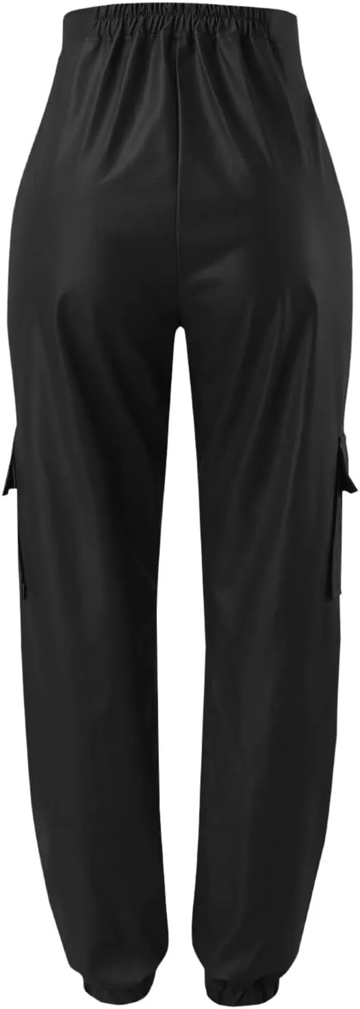 Miyaomn Womens Stretch Faux Leather Pants High Waisted Cuffed Ankle PU Leather Trousers Baggy Jogger Cargo Pants with Pockets