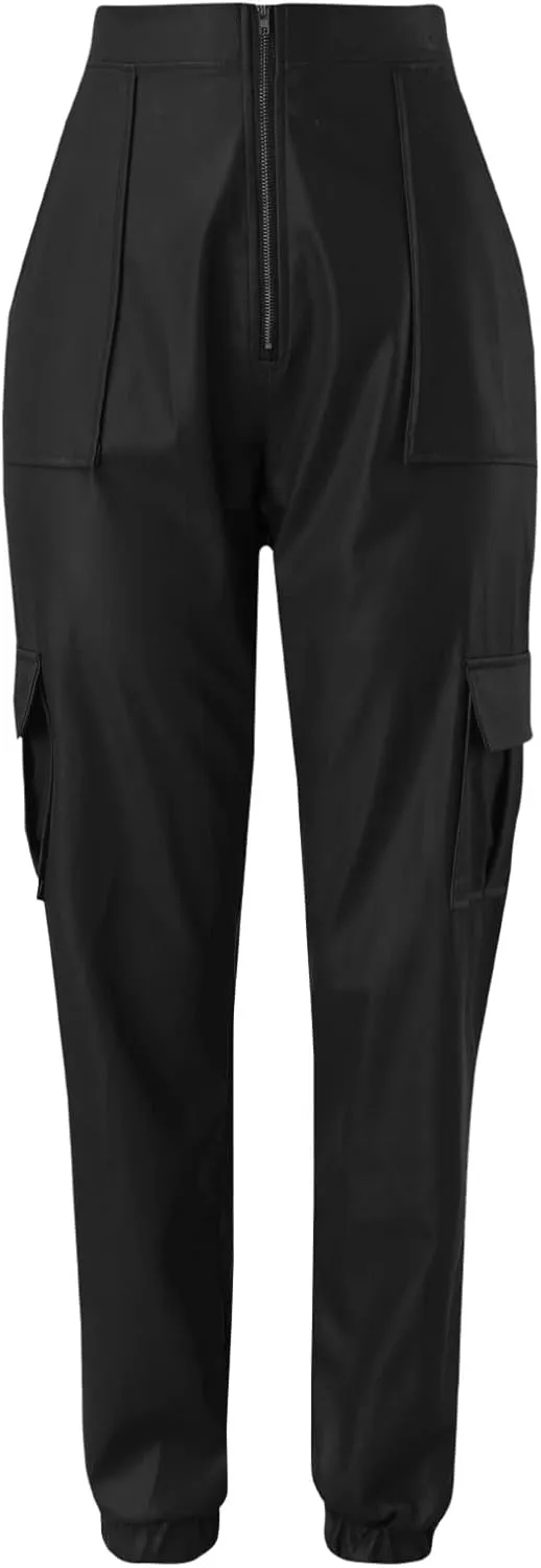 Miyaomn Womens Stretch Faux Leather Pants High Waisted Cuffed Ankle PU Leather Trousers Baggy Jogger Cargo Pants with Pockets