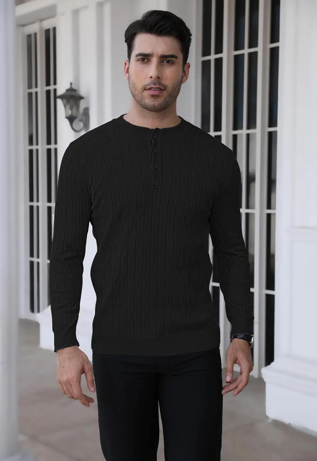 MLANM Men's Henley Knit Sweaters Long Sleeve Pullover Sweater Casual Fashion Thermal Sweaters