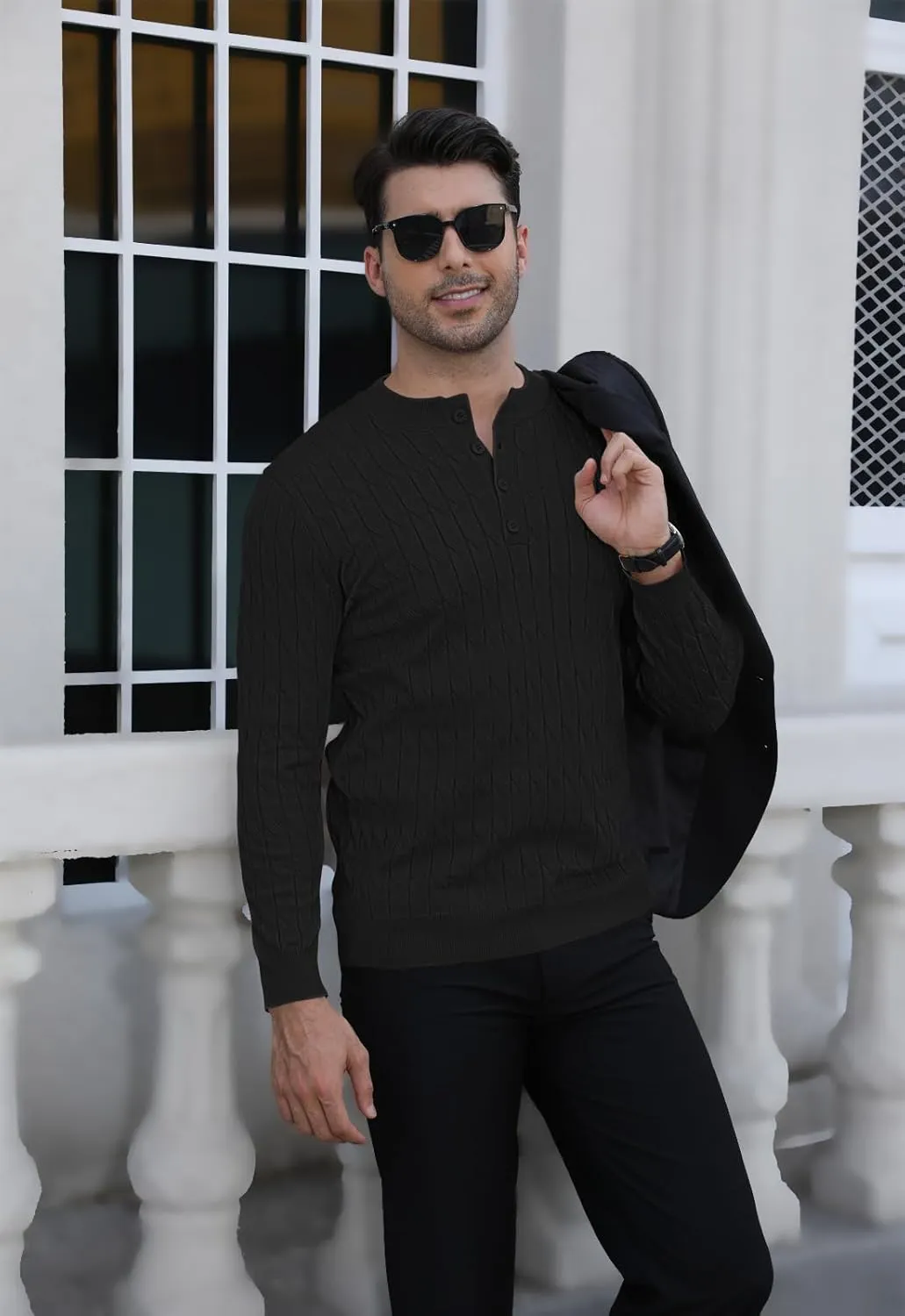 MLANM Men's Henley Knit Sweaters Long Sleeve Pullover Sweater Casual Fashion Thermal Sweaters