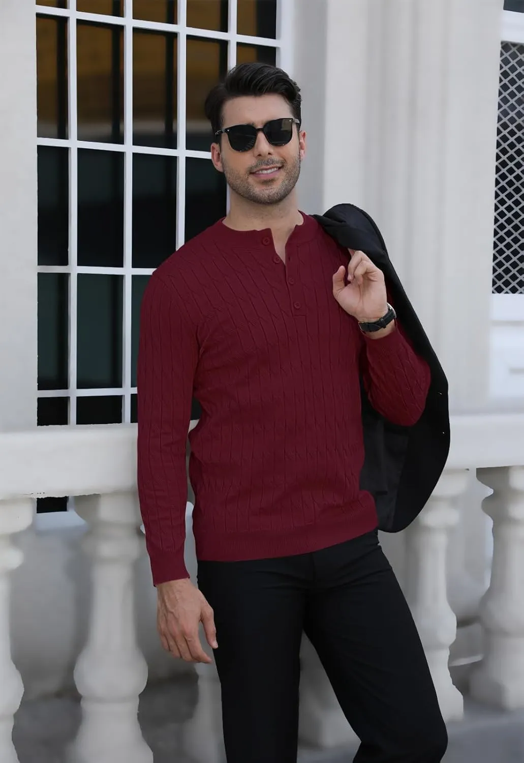 MLANM Men's Henley Knit Sweaters Long Sleeve Pullover Sweater Casual Fashion Thermal Sweaters