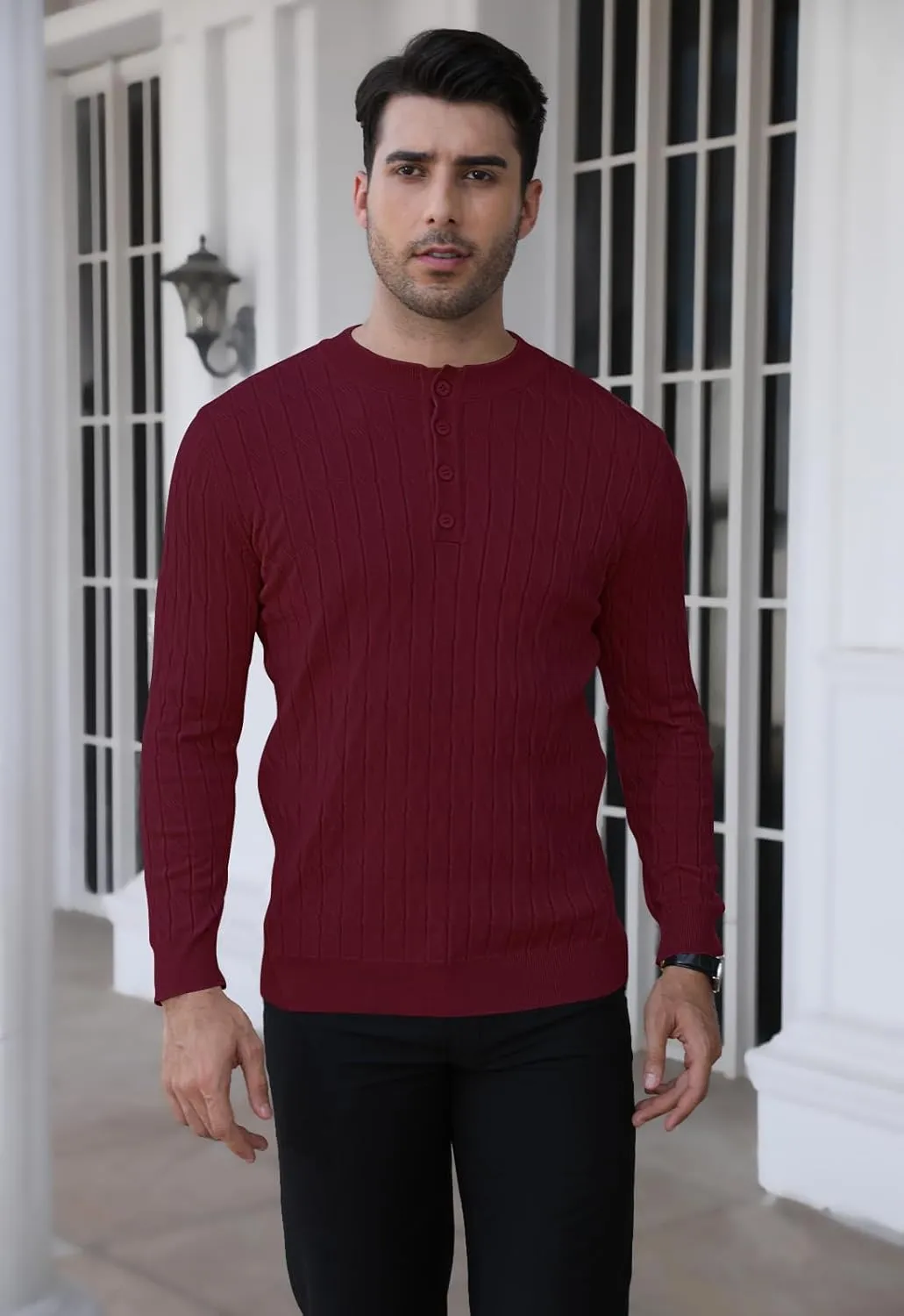 MLANM Men's Henley Knit Sweaters Long Sleeve Pullover Sweater Casual Fashion Thermal Sweaters