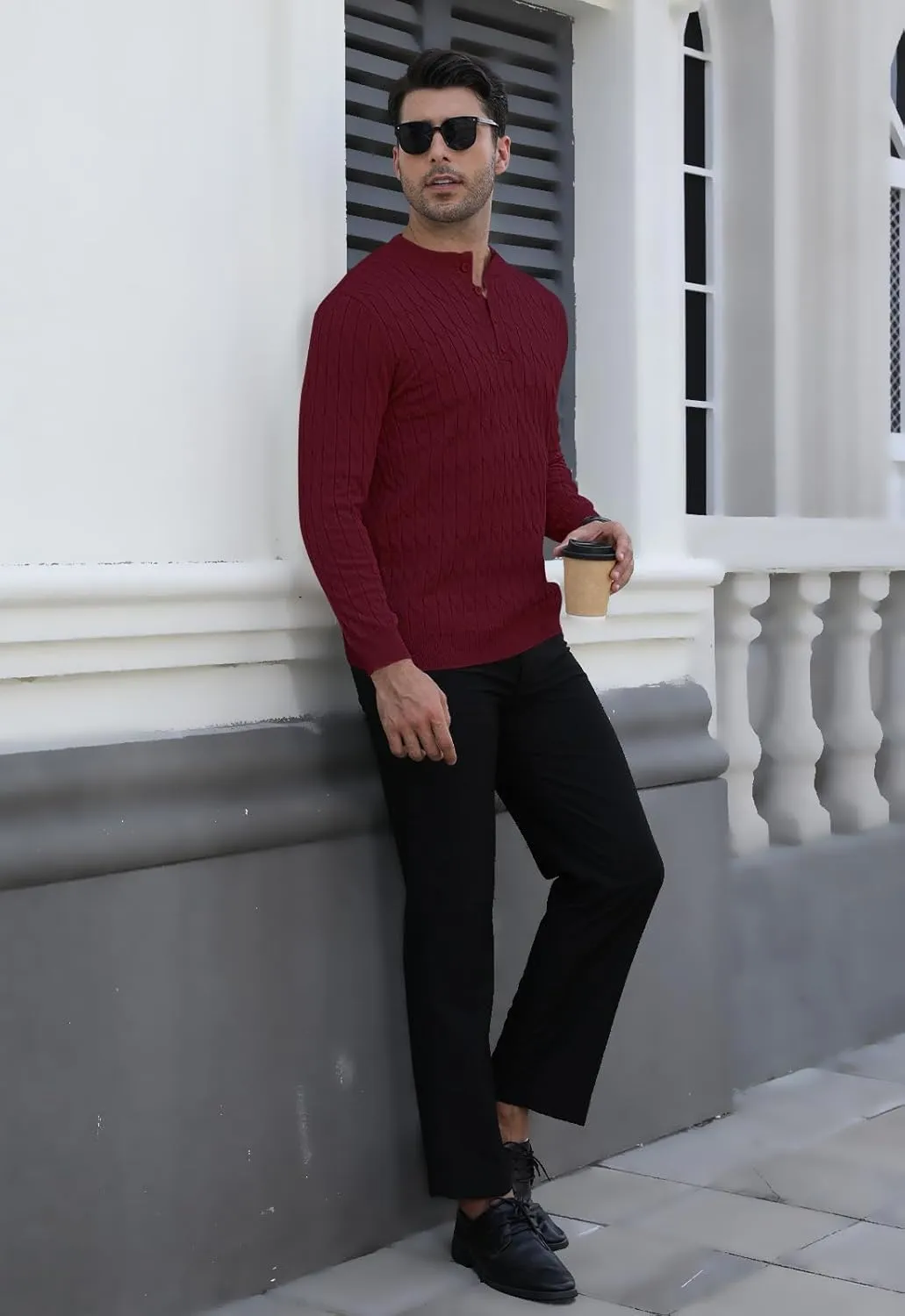 MLANM Men's Henley Knit Sweaters Long Sleeve Pullover Sweater Casual Fashion Thermal Sweaters