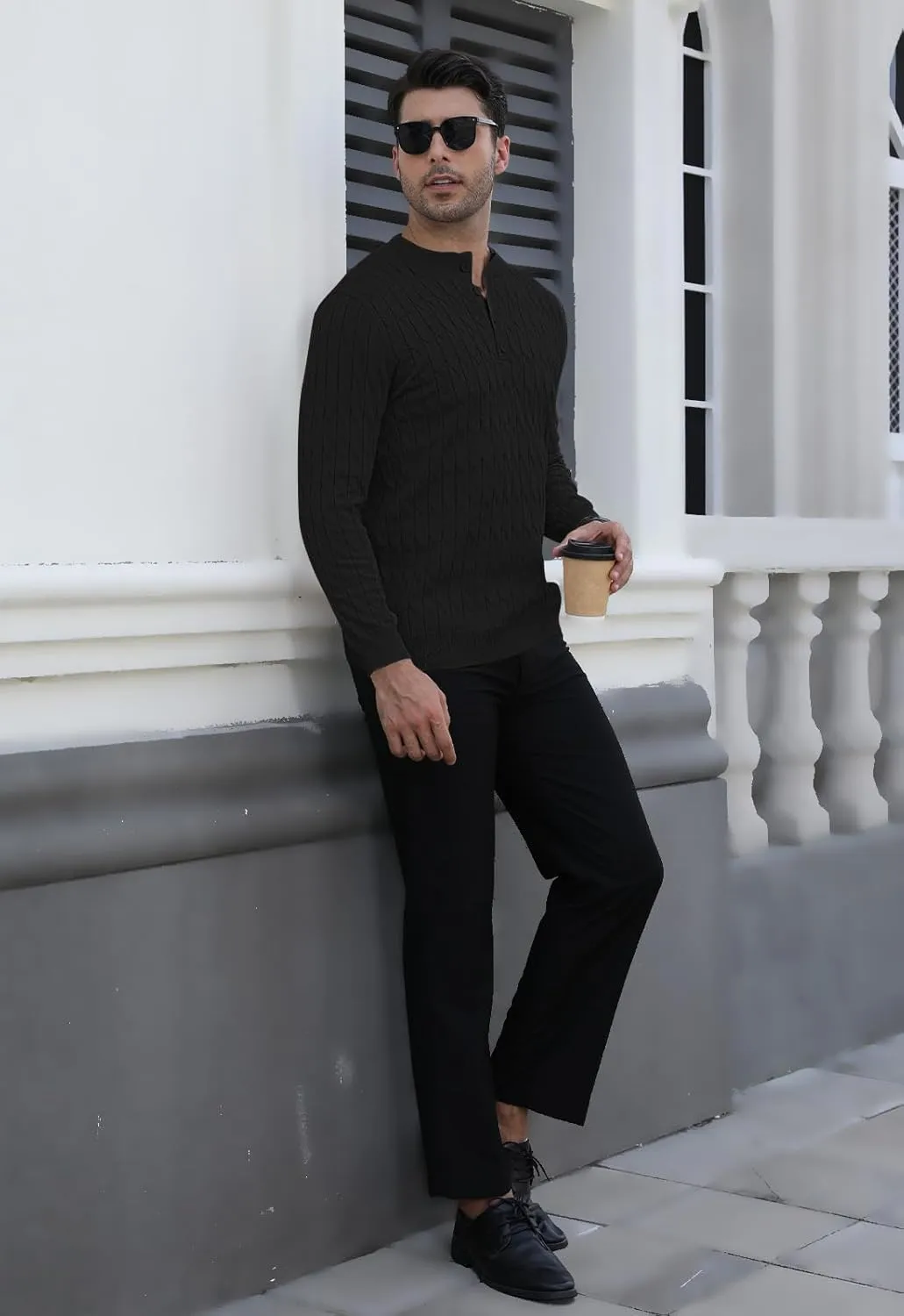 MLANM Men's Henley Knit Sweaters Long Sleeve Pullover Sweater Casual Fashion Thermal Sweaters