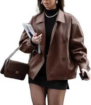 Molilove Womens Faux Leather Jacket Button Down Oversized Motorcycle Bomber Jacket Fall Fashion Winter Coat Outerwear