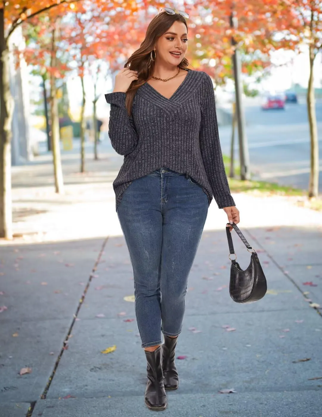 MONNURO Plus Size Women's Long Sleeve Sweater Tops V-Neck Loose Fit Dressy Fall Tunic Sweater