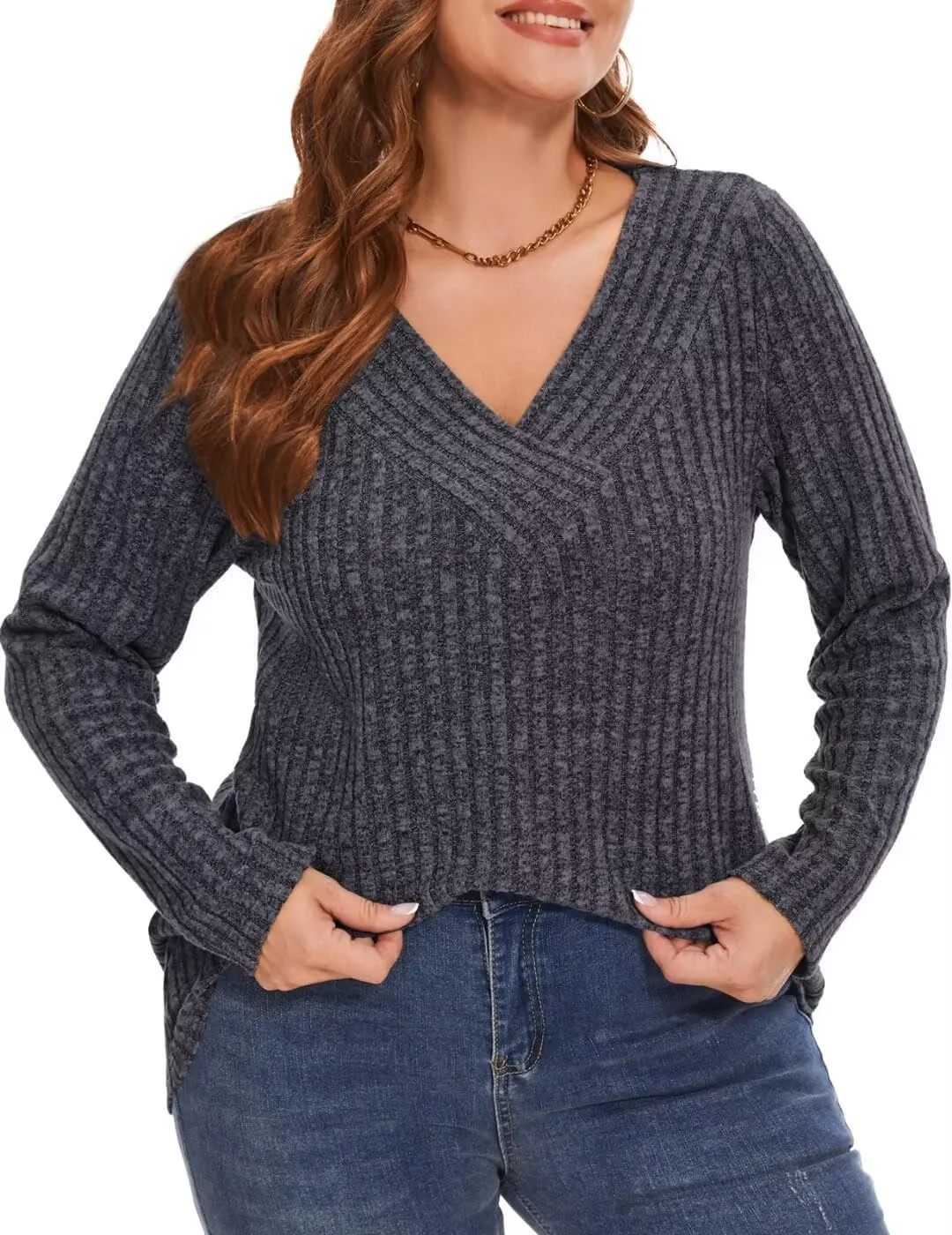 MONNURO Plus Size Women's Long Sleeve Sweater Tops V-Neck Loose Fit Dressy Fall Tunic Sweater