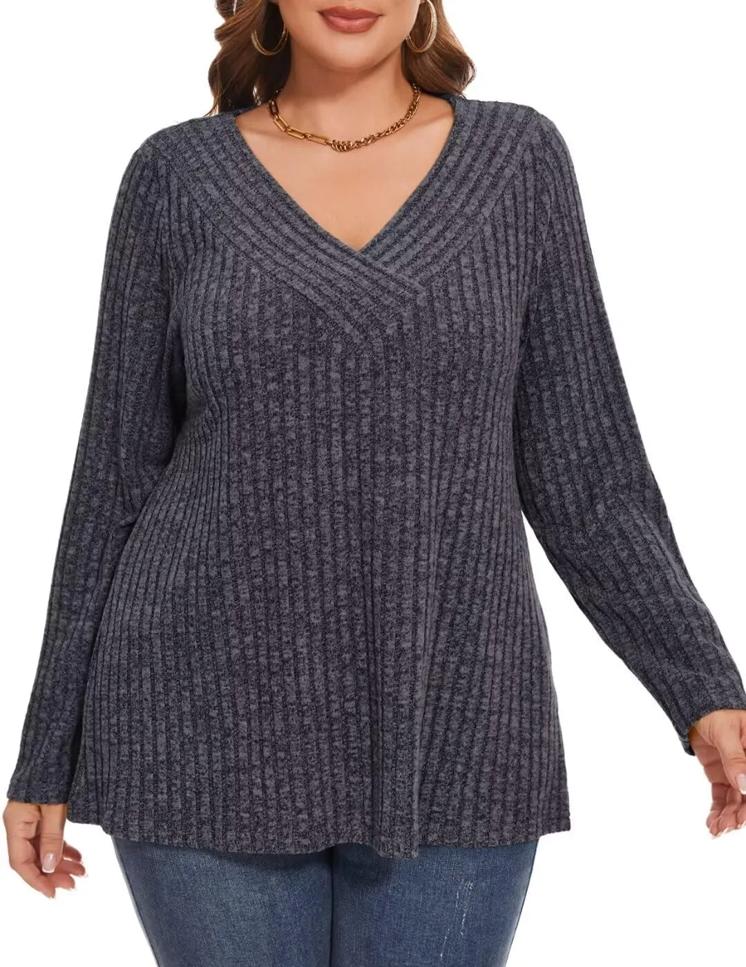 MONNURO Plus Size Women's Long Sleeve Sweater Tops V-Neck Loose Fit Dressy Fall Tunic Sweater