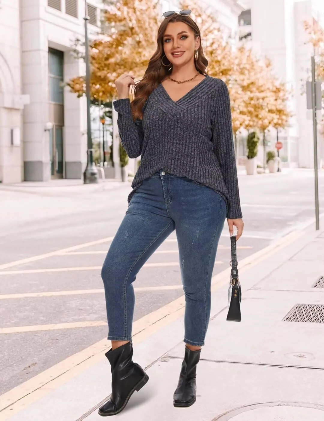MONNURO Plus Size Women's Long Sleeve Sweater Tops V-Neck Loose Fit Dressy Fall Tunic Sweater