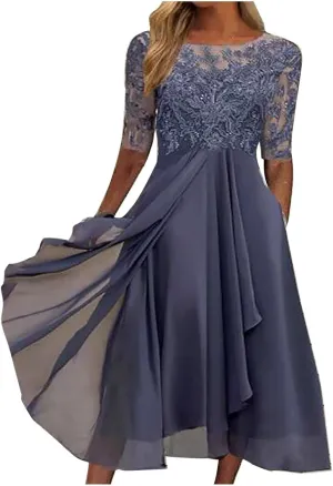 Mother of The Bride Dresses for Women Bohemian Embroidered Lace Crewneck Half Sleeve Chiffon Midi Dress Classy 80S Outfit
