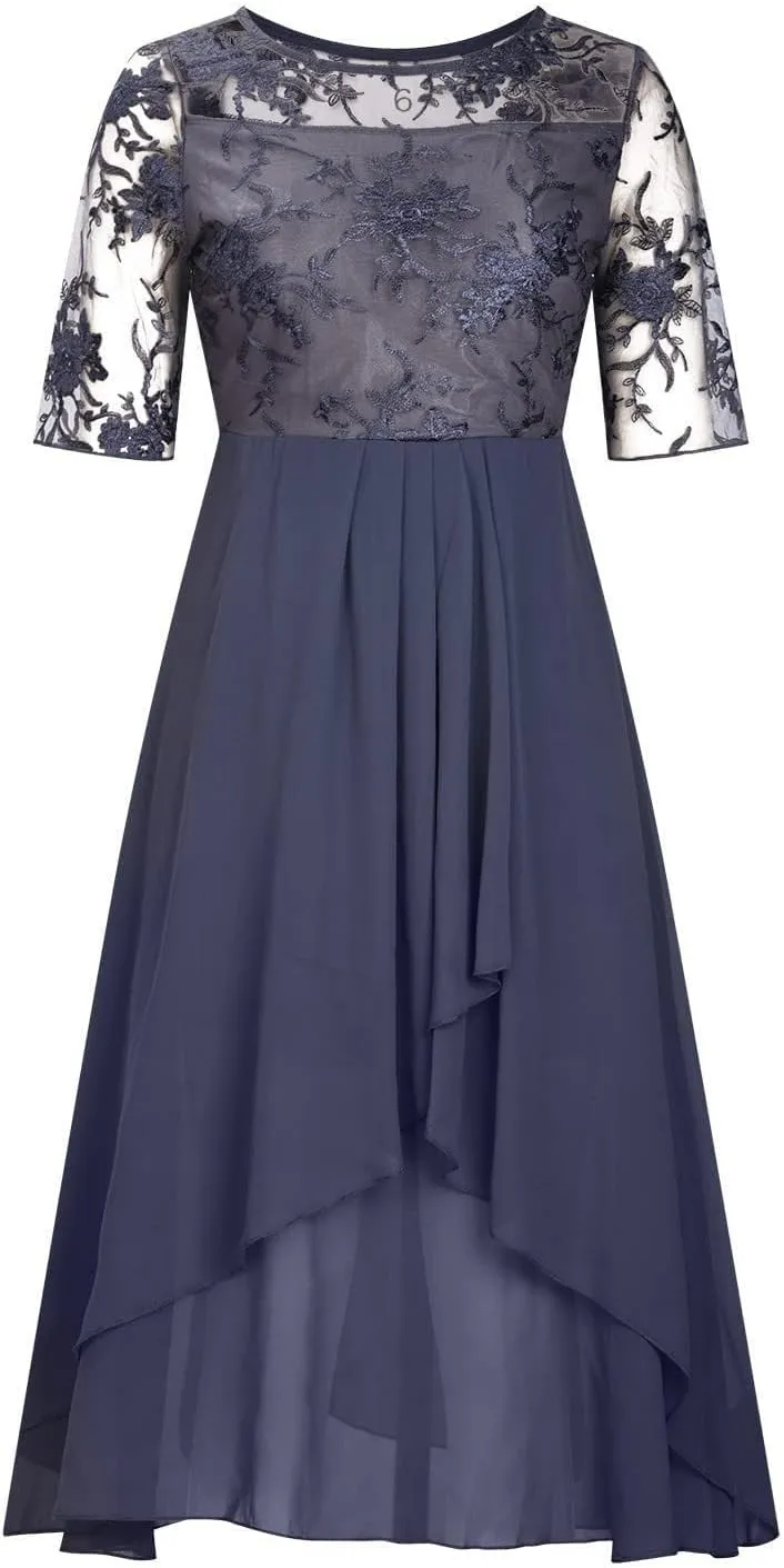 Mother of The Bride Dresses for Women Bohemian Embroidered Lace Crewneck Half Sleeve Chiffon Midi Dress Classy 80S Outfit