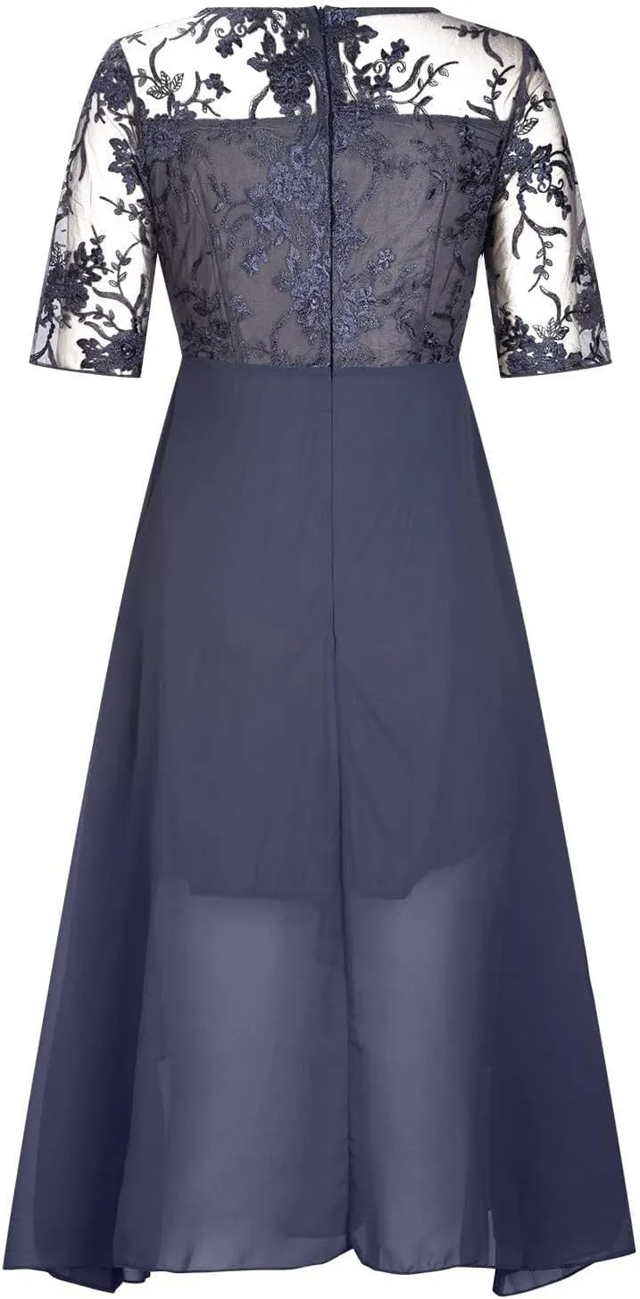 Mother of The Bride Dresses for Women Bohemian Embroidered Lace Crewneck Half Sleeve Chiffon Midi Dress Classy 80S Outfit