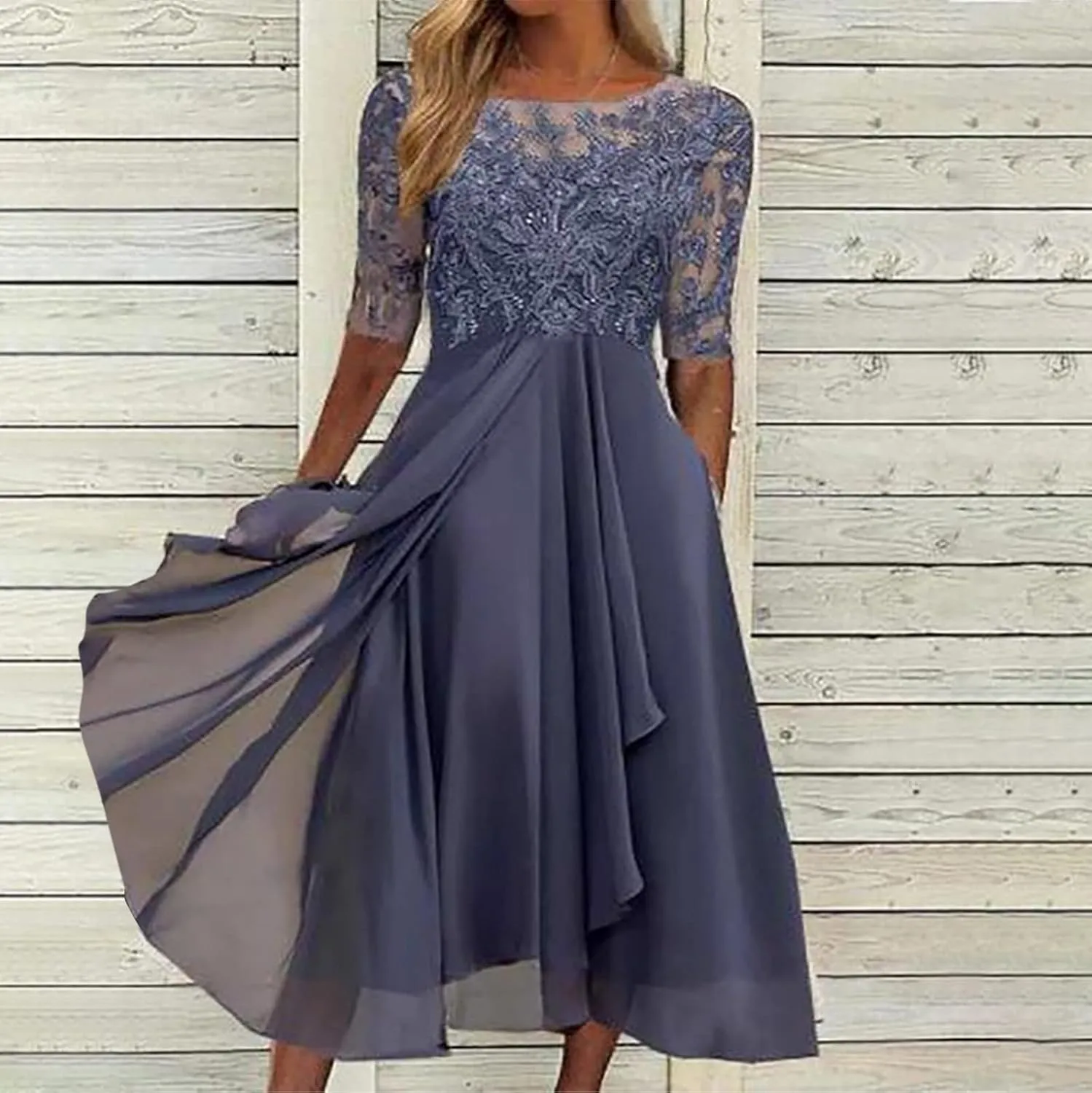 Mother of The Bride Dresses for Women Bohemian Embroidered Lace Crewneck Half Sleeve Chiffon Midi Dress Classy 80S Outfit