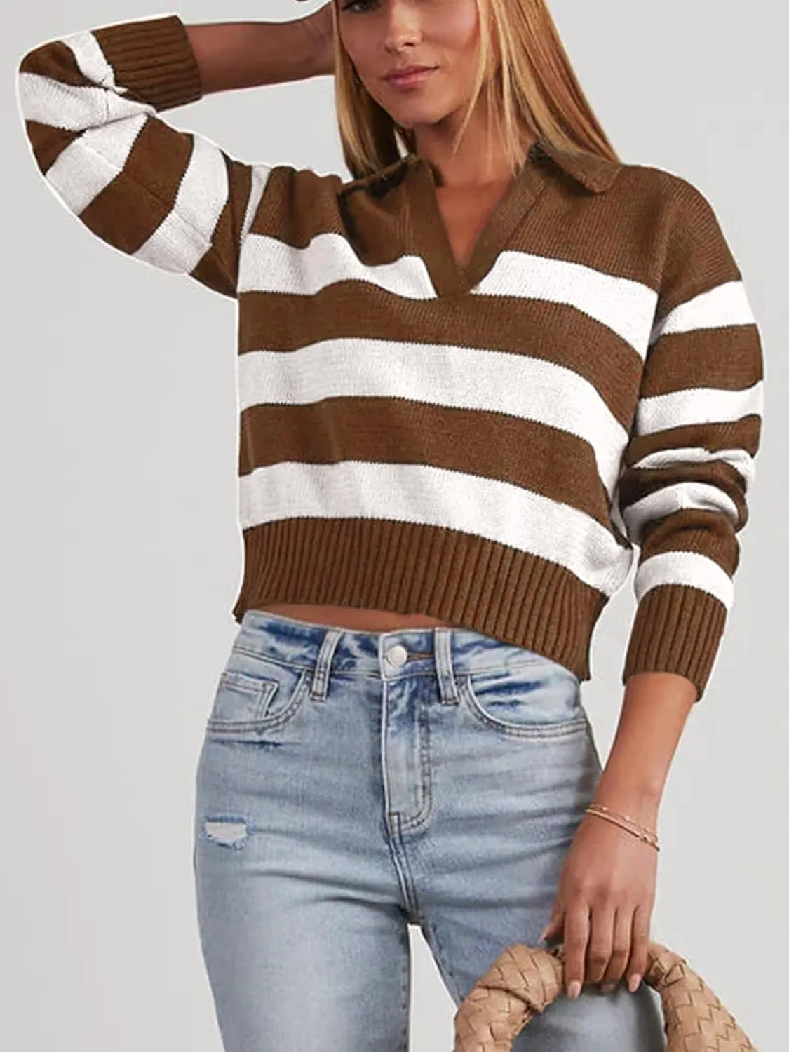 Mutitop Womens Striped Collared Sweater V Neck Long Sleeve Oversize Ribbed Knit Pullover Casual Fall Chunky Sweater