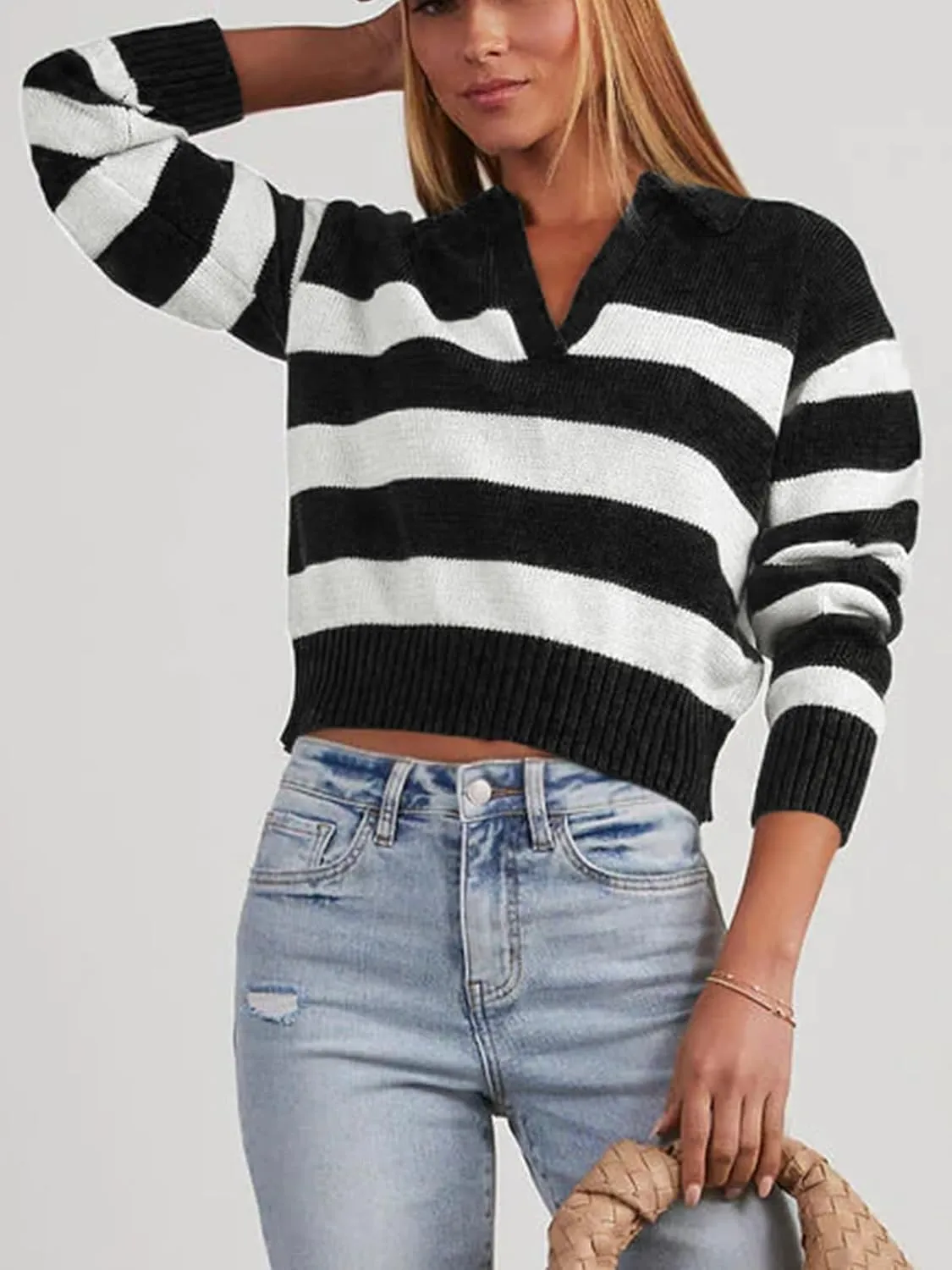 Mutitop Womens Striped Collared Sweater V Neck Long Sleeve Oversize Ribbed Knit Pullover Casual Fall Chunky Sweater