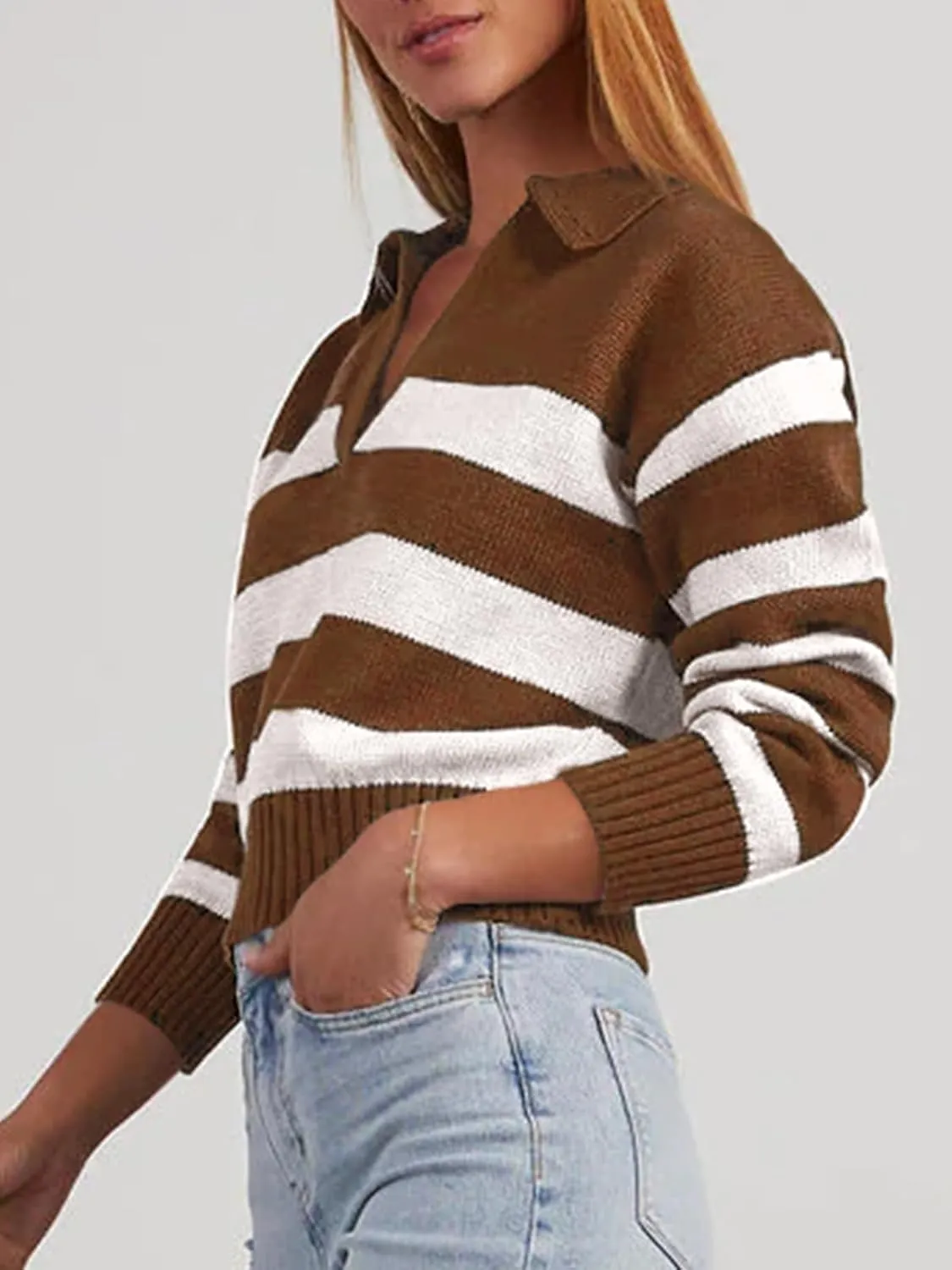 Mutitop Womens Striped Collared Sweater V Neck Long Sleeve Oversize Ribbed Knit Pullover Casual Fall Chunky Sweater