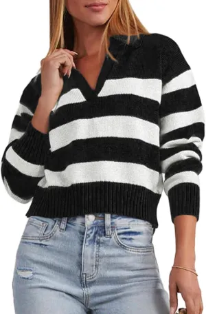 Mutitop Womens Striped Collared Sweater V Neck Long Sleeve Oversize Ribbed Knit Pullover Casual Fall Chunky Sweater