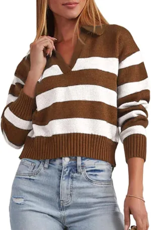 Mutitop Womens Striped Collared Sweater V Neck Long Sleeve Oversize Ribbed Knit Pullover Casual Fall Chunky Sweater