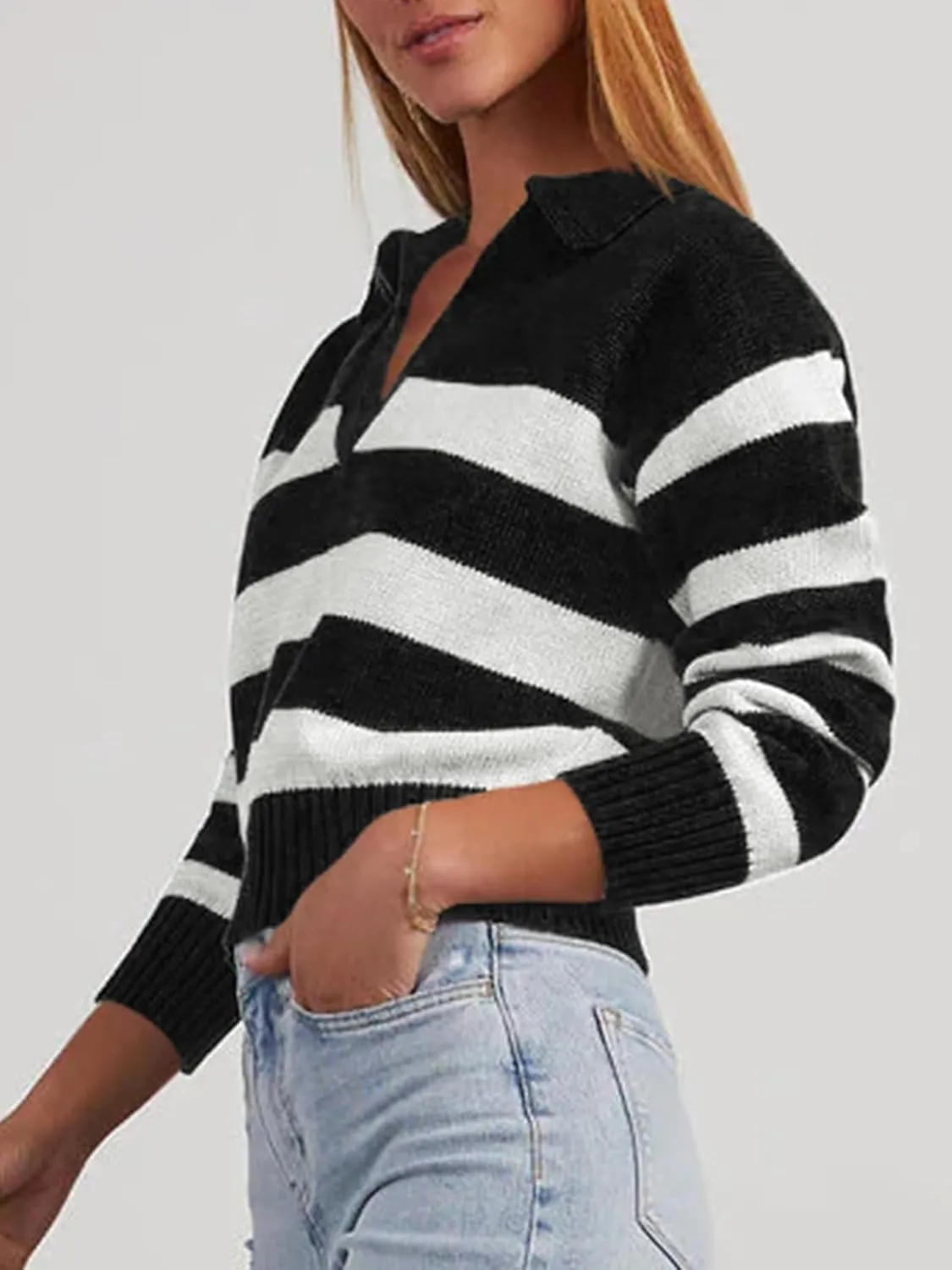 Mutitop Womens Striped Collared Sweater V Neck Long Sleeve Oversize Ribbed Knit Pullover Casual Fall Chunky Sweater