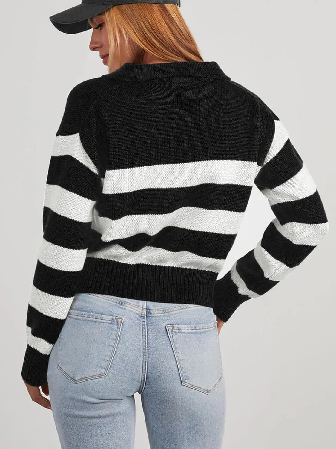 Mutitop Womens Striped Collared Sweater V Neck Long Sleeve Oversize Ribbed Knit Pullover Casual Fall Chunky Sweater