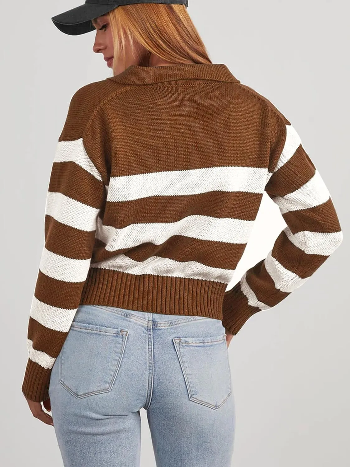 Mutitop Womens Striped Collared Sweater V Neck Long Sleeve Oversize Ribbed Knit Pullover Casual Fall Chunky Sweater