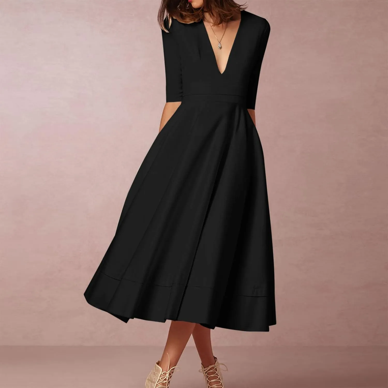 NaRHbrg Women's V-Neck Half Sleeve Midi Dress High Waist A-Line Elegant Flowy Party Dresses for Wedding