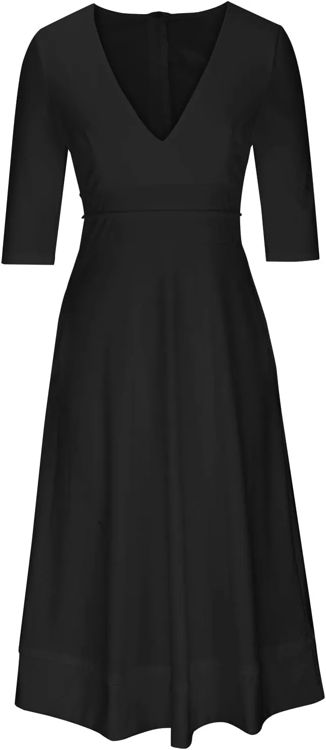 NaRHbrg Women's V-Neck Half Sleeve Midi Dress High Waist A-Line Elegant Flowy Party Dresses for Wedding