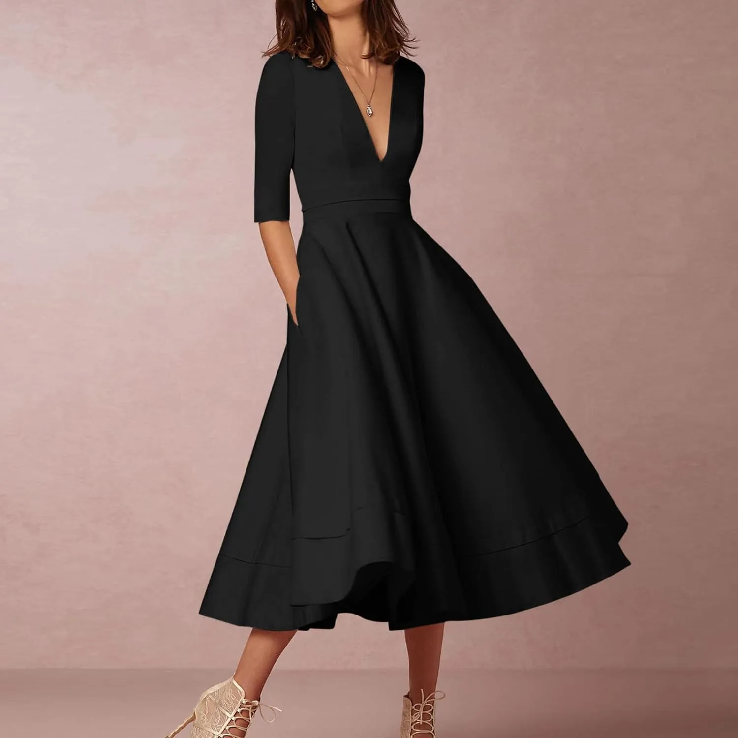NaRHbrg Women's V-Neck Half Sleeve Midi Dress High Waist A-Line Elegant Flowy Party Dresses for Wedding