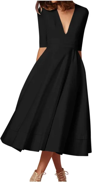NaRHbrg Women's V-Neck Half Sleeve Midi Dress High Waist A-Line Elegant Flowy Party Dresses for Wedding