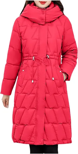 NATHGAM Women Long Puffer Jacket Winter Warm Thickened Cotton-Padded Hooded Outerwear Zip Trendy Going Out Parkas Down Jacket
