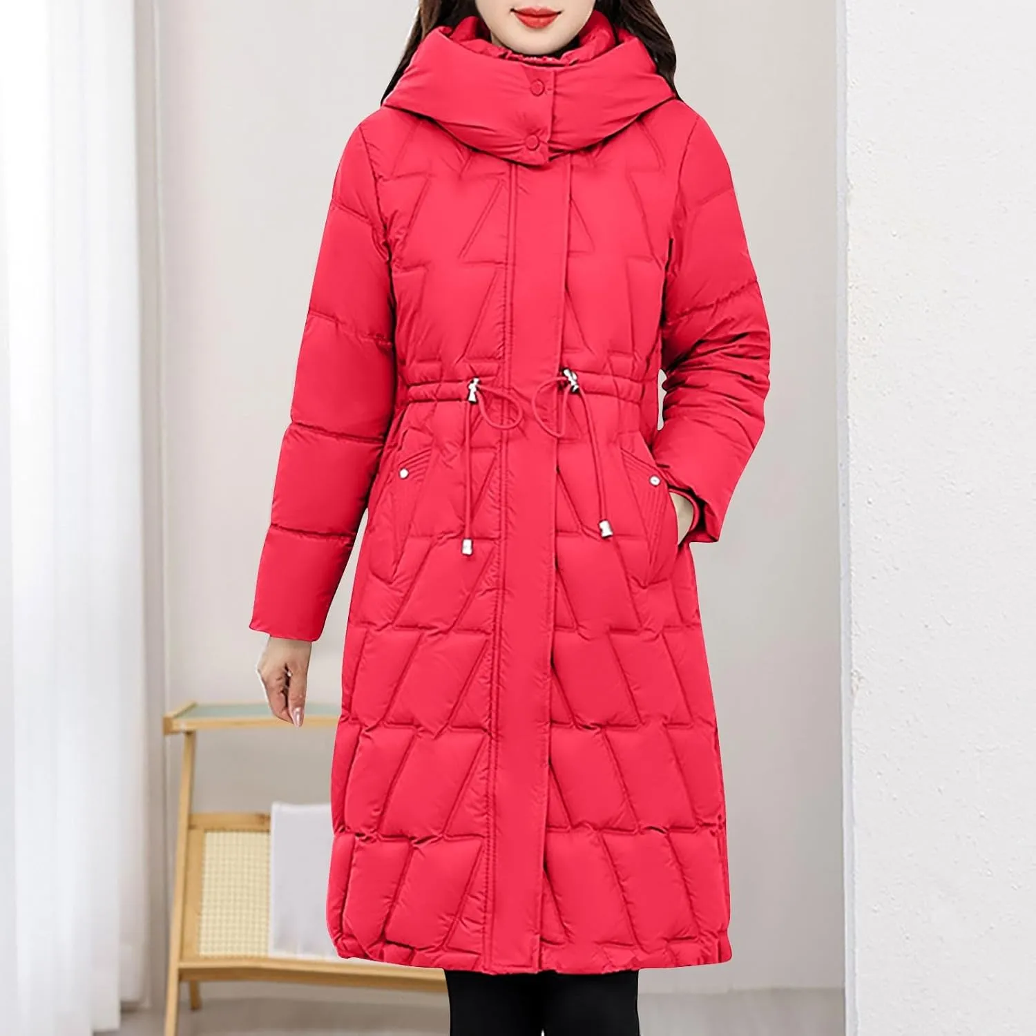 NATHGAM Women Long Puffer Jacket Winter Warm Thickened Cotton-Padded Hooded Outerwear Zip Trendy Going Out Parkas Down Jacket