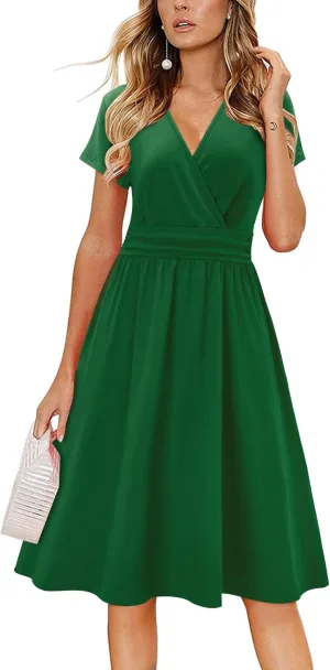 Newshows Womens Summer Short Sleeve Casual Dresses V Neck Floral Vacation Sundress Faux Wrap Midi Dress with Pockets