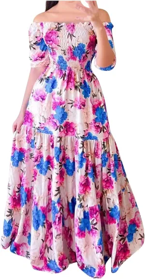 Off Shoulder Dresses for Women,Elegant Tie Dye Print Smocked Sexy Short Sleeve Long Dress Plus Size Flowy Maxi Dress