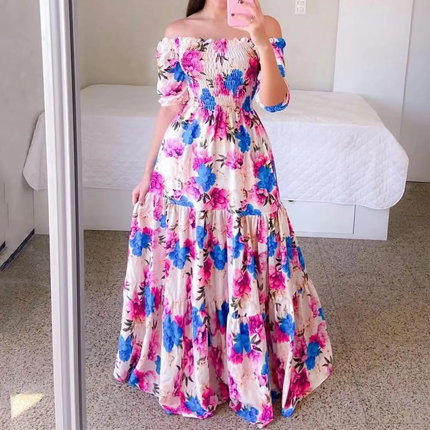 Off Shoulder Dresses for Women,Elegant Tie Dye Print Smocked Sexy Short Sleeve Long Dress Plus Size Flowy Maxi Dress