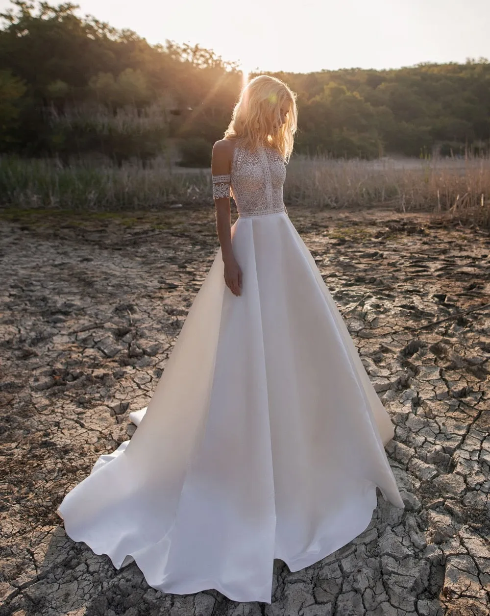Off Shoulder Lace Halter Boho Bridal Gown