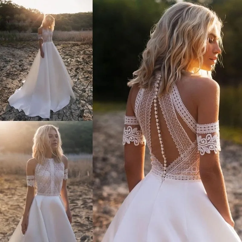 Off Shoulder Lace Halter Boho Bridal Gown