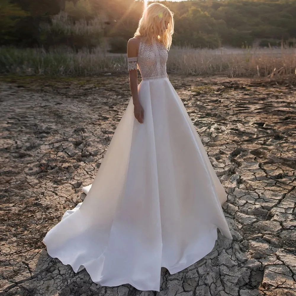 Off Shoulder Lace Halter Boho Bridal Gown