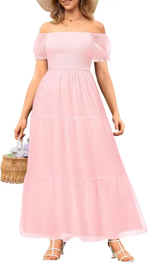 Off The Shoulder Dresses Women - Summer Boho Chiffon Swiss Dot Smocked Puff Sleeve A Line Long Flowy Maxi Sundress 2025