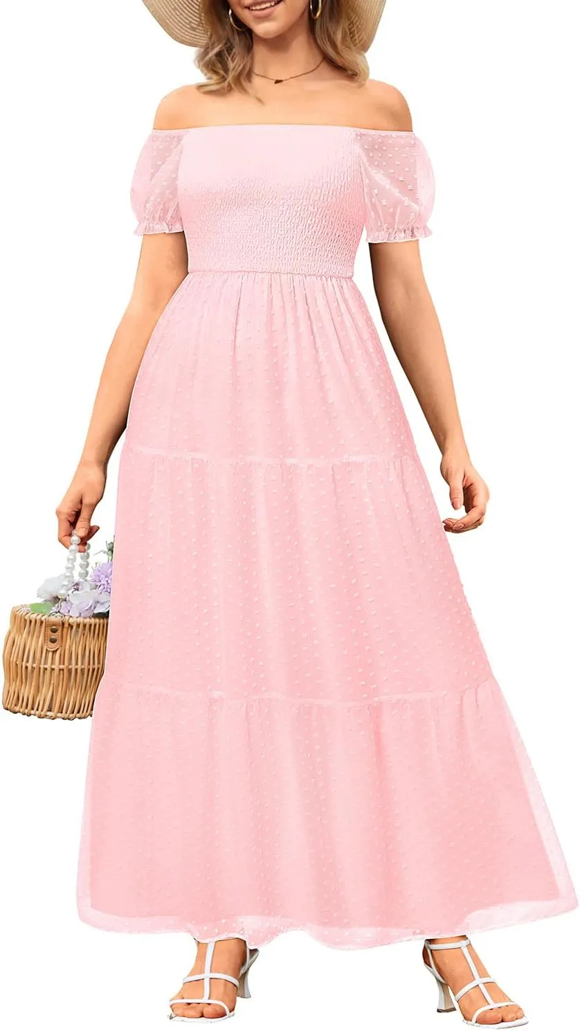 Off The Shoulder Dresses Women - Summer Boho Chiffon Swiss Dot Smocked Puff Sleeve A Line Long Flowy Maxi Sundress 2025