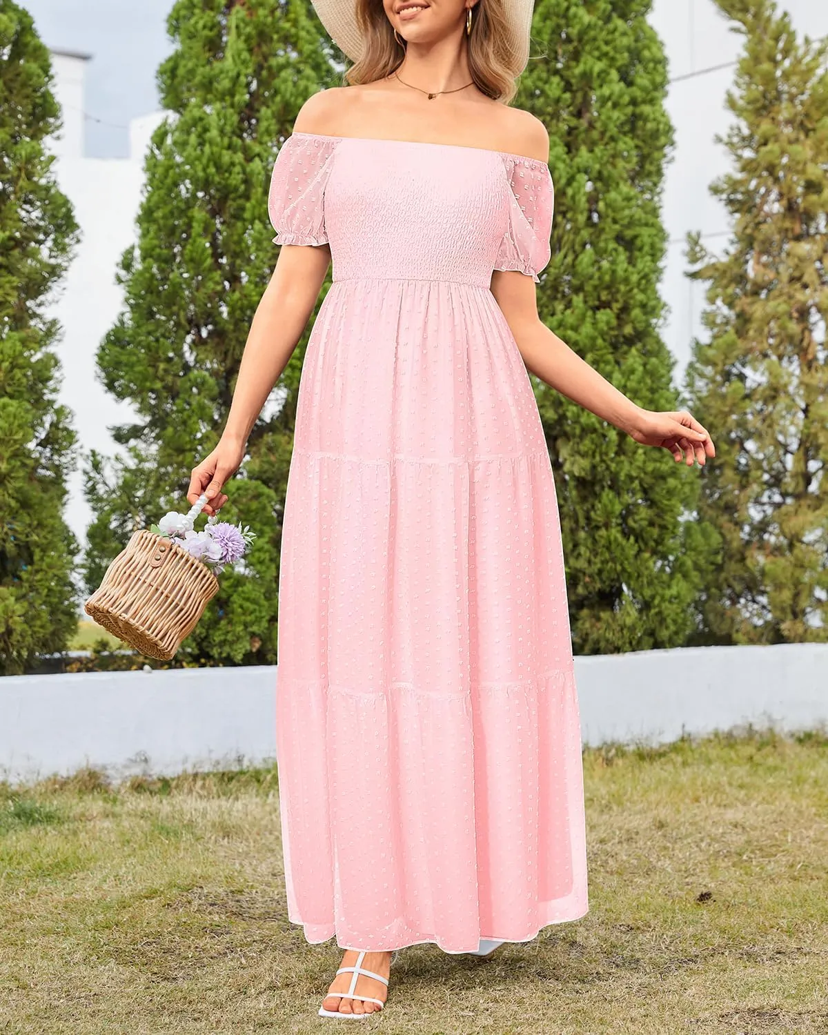 Off The Shoulder Dresses Women - Summer Boho Chiffon Swiss Dot Smocked Puff Sleeve A Line Long Flowy Maxi Sundress 2025