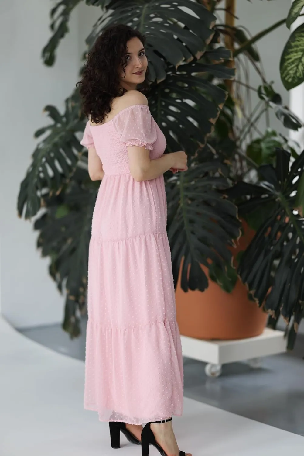 Off The Shoulder Dresses Women - Summer Boho Chiffon Swiss Dot Smocked Puff Sleeve A Line Long Flowy Maxi Sundress 2025